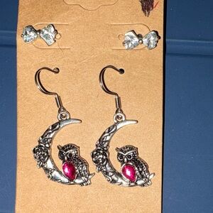 New  Set of 2 Silver Tone Owl Crescent Earrings with Pink Gem and bow studs